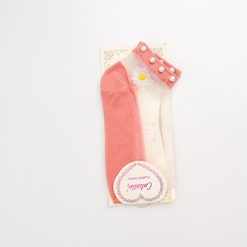 Pearl daisy socks red summer transparent crystal socks thin Japanese card silk short socks