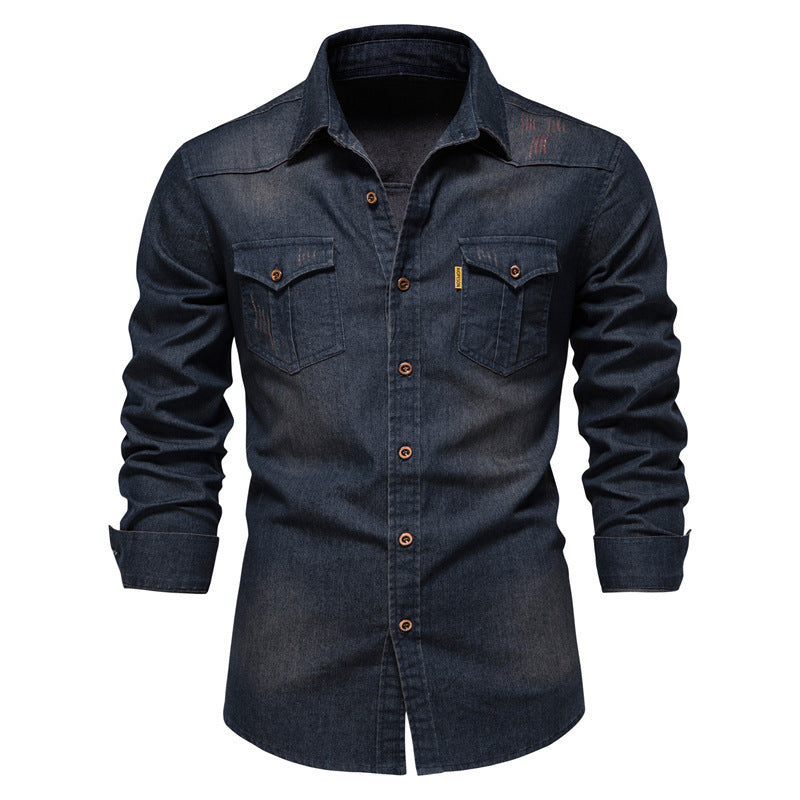 New American size denim non-ironing shirt men's casual solid color non-ironing men's long-sleeved shirt