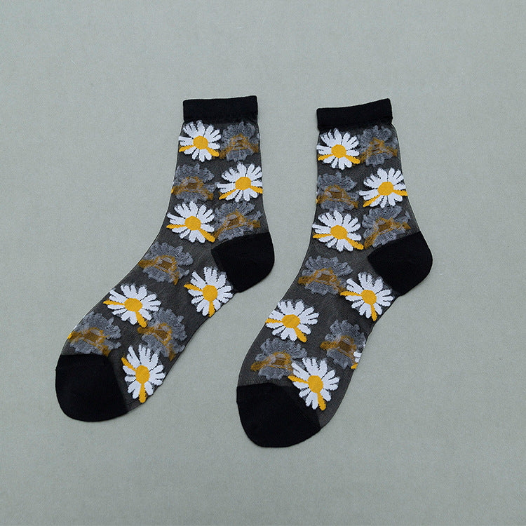 Small daisy card stockings tube women's socks ins tide glass silk socks women summer light and breathable pile socks