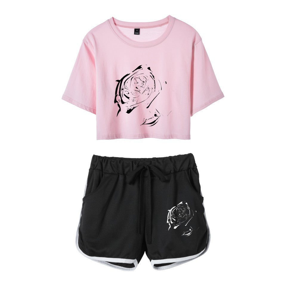 Fashion rapper series around dance cropped navel short-sleeved shorts women's suit T-shirt