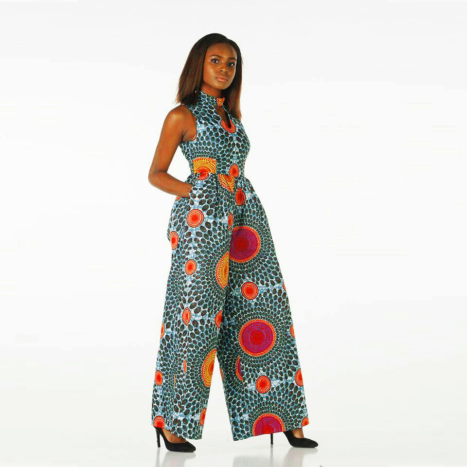 African style digital printing women's casual sleeveless jumpsuit fashion wide-leg trousers