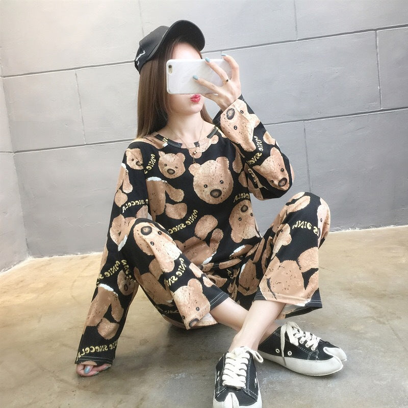 Cross-border pajamas female cute long-sleeved trousers cartoon student pajamas home service suit