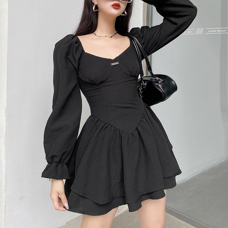 European and American temperament square collar bubble long sleeves meet boyfriend dating skirt carefully machine exposed collarbone waist show chest double-layer short skirt