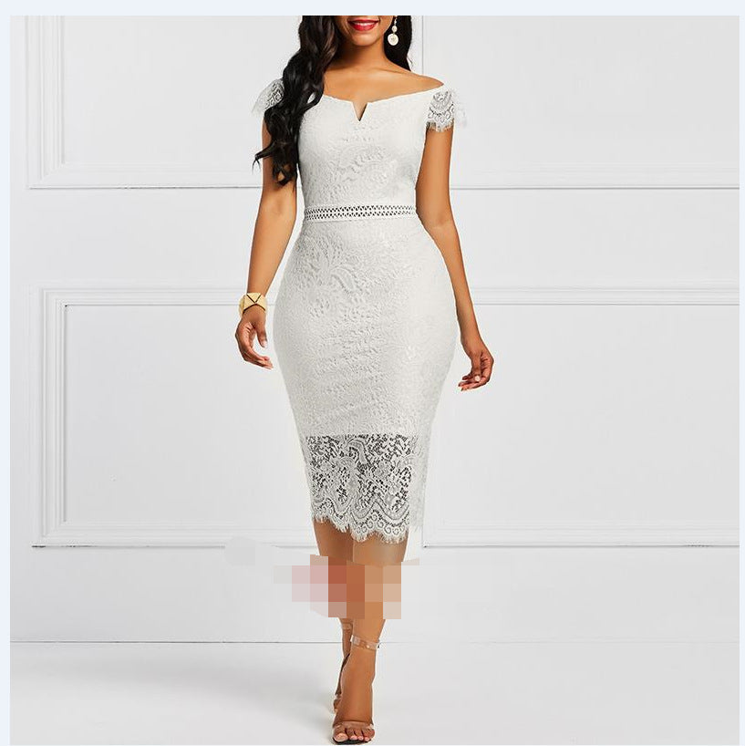 New lace V-neck tight dress Europe and America mid-length A-line skirt dress