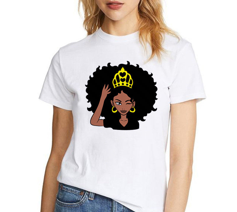 European and American Casual Cartoon Feminism Cartoon African Girl Printed Ladies T-shirt