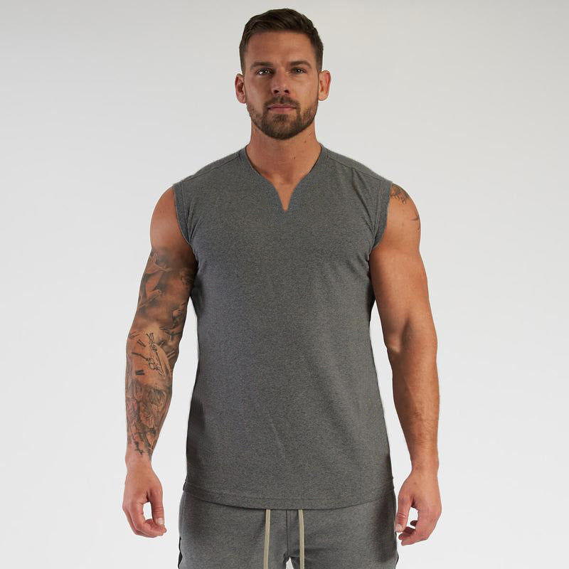 European and American solid color summer small V-neck sports vest male bodybuilding fitness sleeveless T-shirt running training top cotton