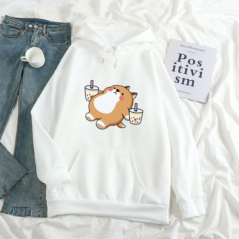 European and American cross-border autumn and winter new loose women's clothing aesthetic illustration Shiba Inu drinking milk tea hooded sweatshirt sweater