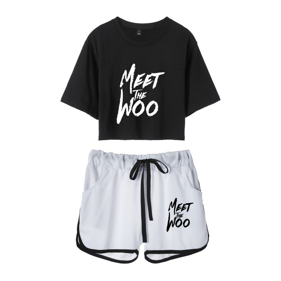 Fashion rapper series around dance cropped navel short-sleeved shorts women's suit T-shirt