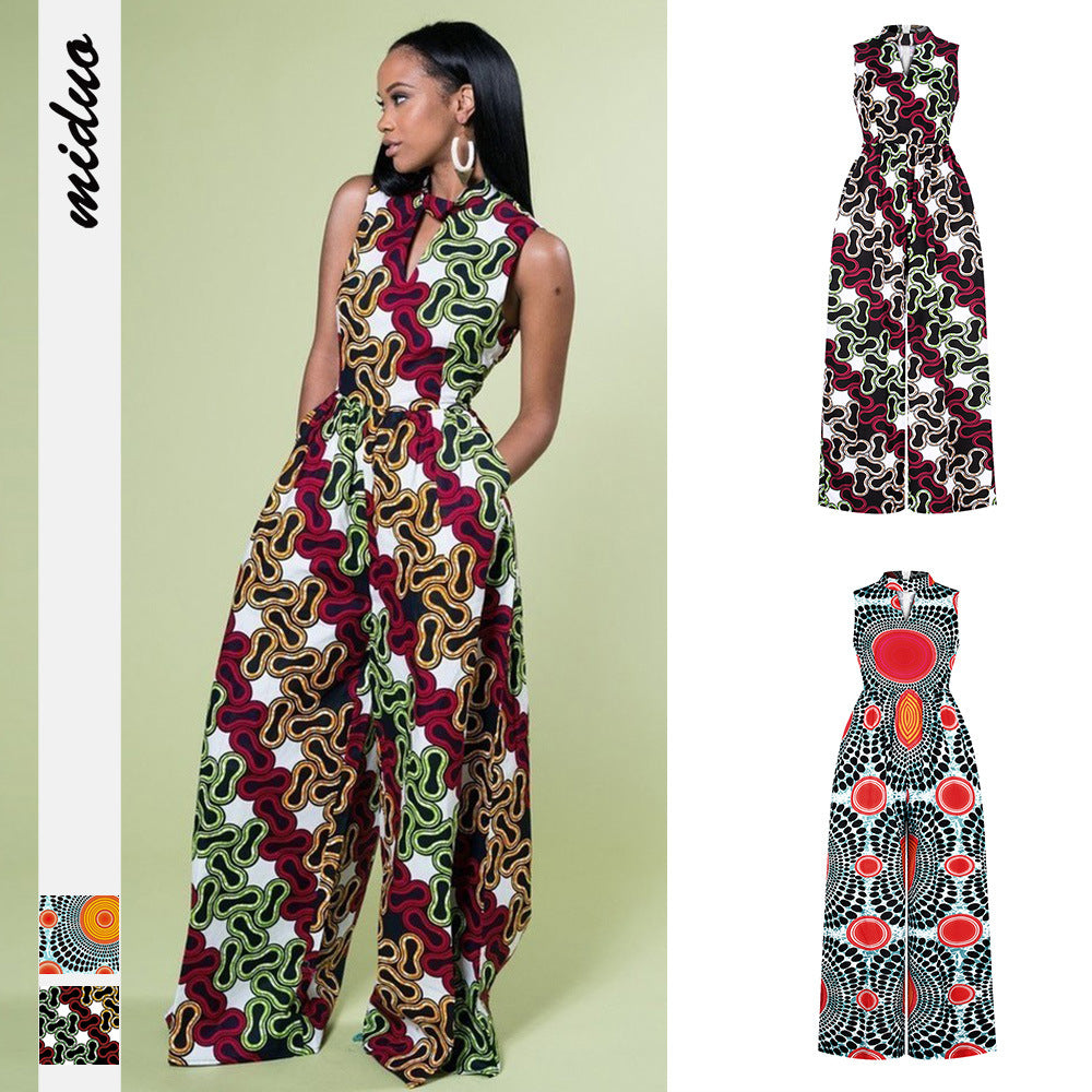 African style digital printing women's casual sleeveless jumpsuit fashion wide-leg trousers