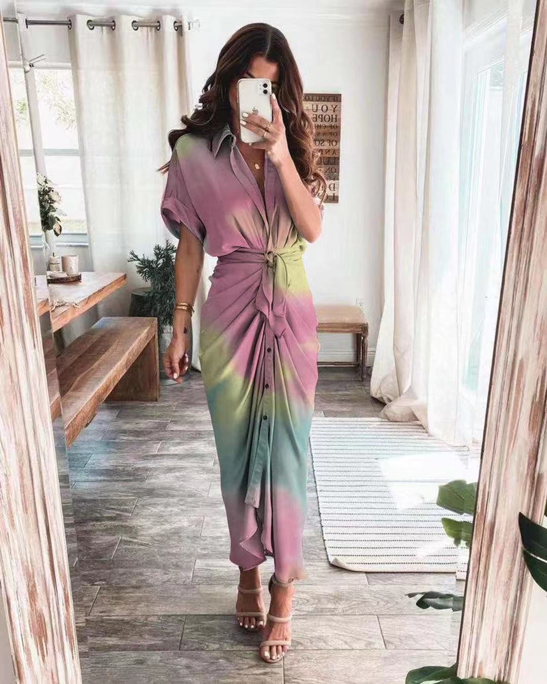 European and American shirt long skirt fashion printed dress