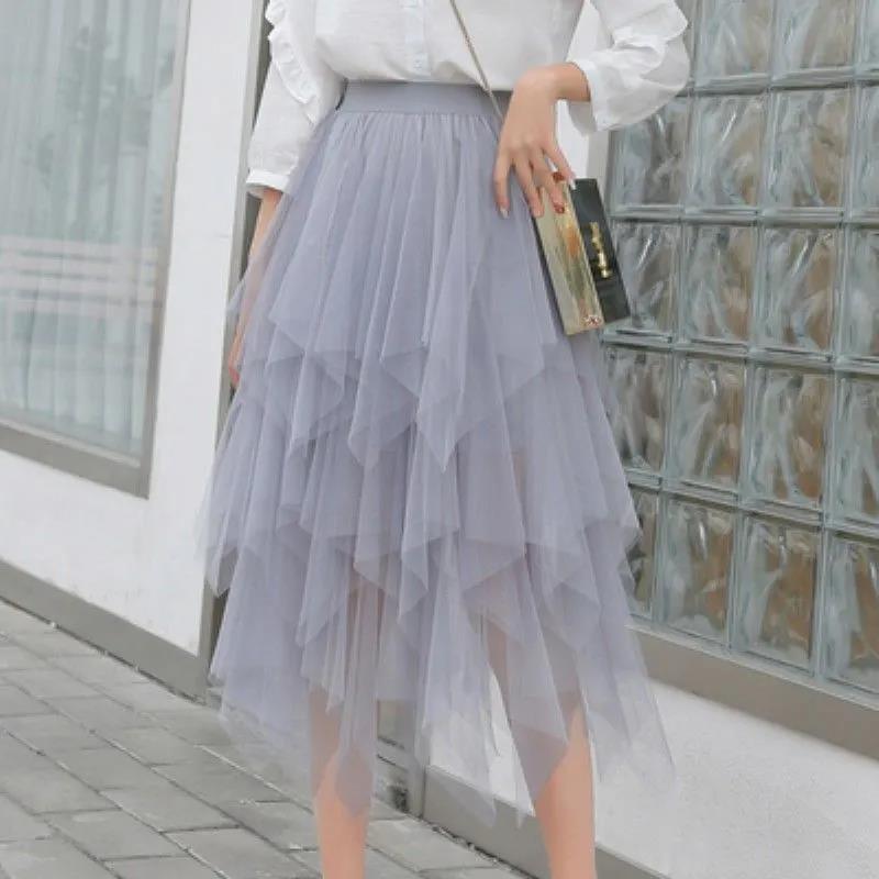 European and American irregular hem irregular mesh stitching fluffy skirt high waist gauze skirt fairy mid-length skirt