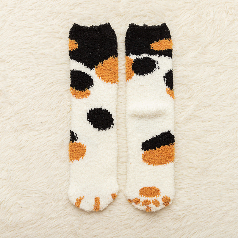 Coral fleece mid-tube socks women's thickened warm cartoon cat claw socks sweet floor socks confinement sleep socks