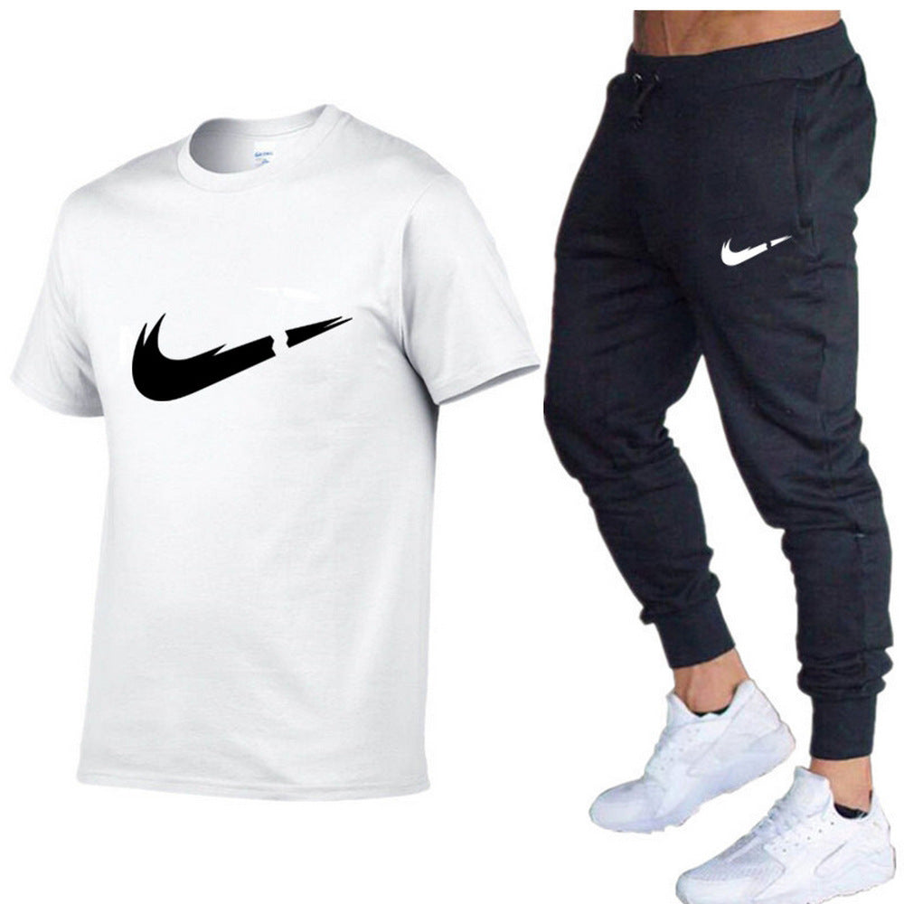 European and American men's running casual short-sleeved T-shirt + sports trousers two-piece jogging suit