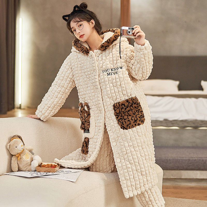 Winter new coral fleece pajamas for ladies plus velvet thickened three-layer quilted mid-length nightgown can be worn as home clothes