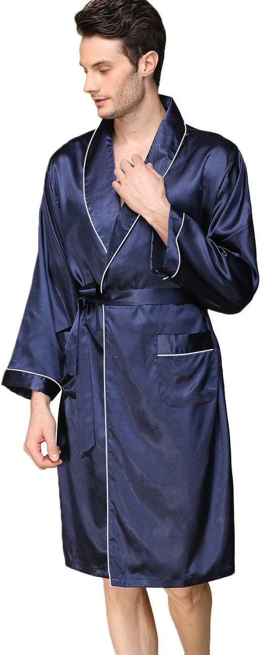 Men's solid color robe thin cardigan nightgown loose large size long sleeve autumn glossy bathrobe