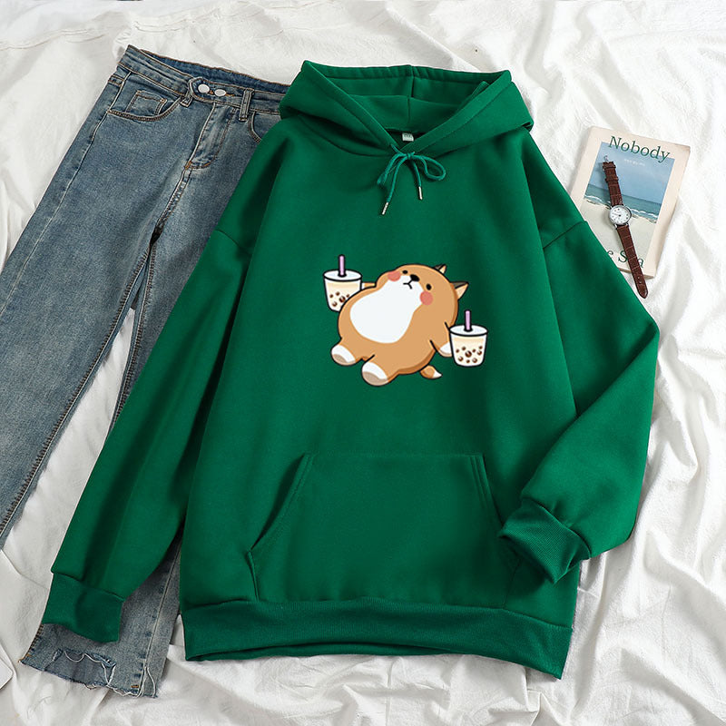 European and American cross-border autumn and winter new loose women's clothing aesthetic illustration Shiba Inu drinking milk tea hooded sweatshirt sweater