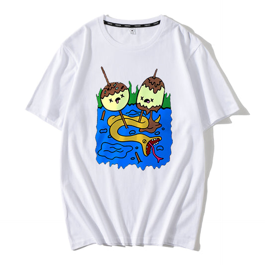 new men's and women's round neck loose creative cartoon pattern printing T-shirt summer short-sleeved top