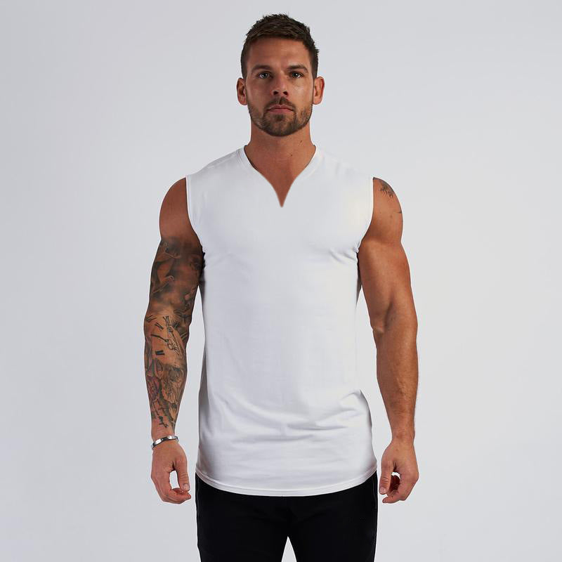 European and American solid color summer small V-neck sports vest male bodybuilding fitness sleeveless T-shirt running training top cotton