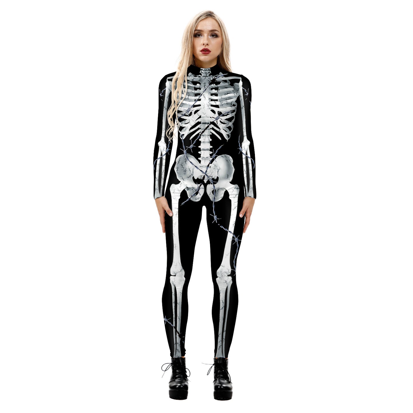 Skeleton 3D digital printing Halloween cosplay costumes women's tight-fitting long-sleeved jumpsuit