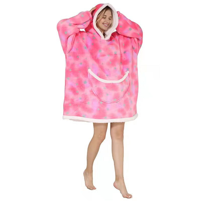 Lazy blanket flannel composite lamb wool pullover sweater TV blanket hooded lazy outdoor warm pajamas