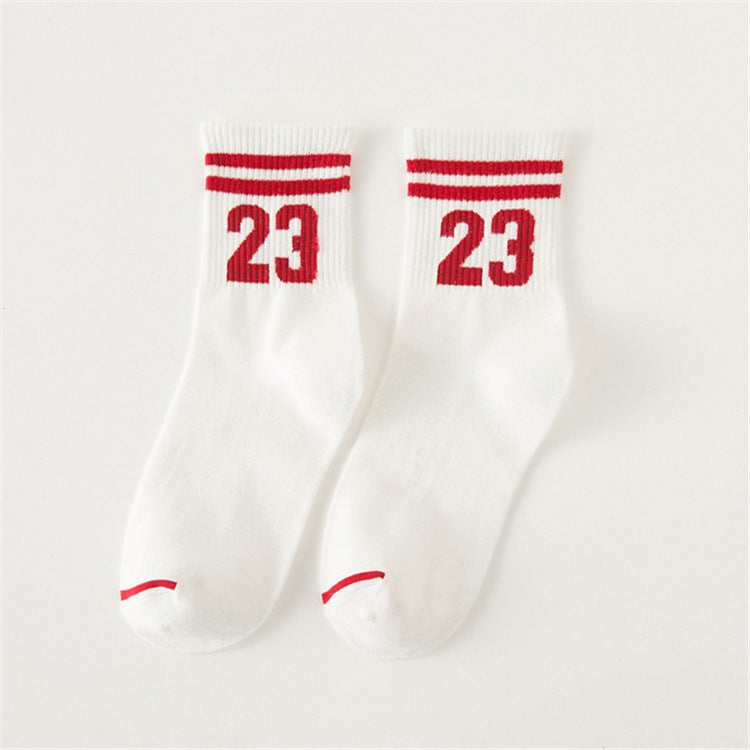 Sports socks tube pure cotton medium thickness couple socks two bars digital student white cotton socks