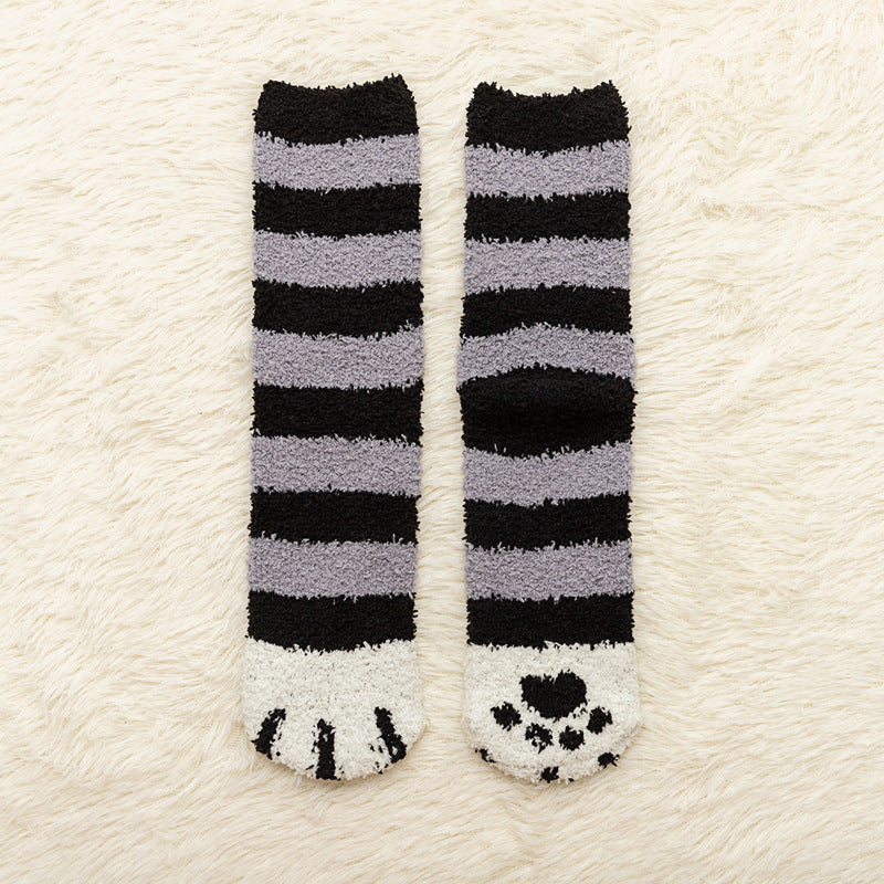 Coral fleece mid-tube socks women's thickened warm cartoon cat claw socks sweet floor socks confinement sleep socks