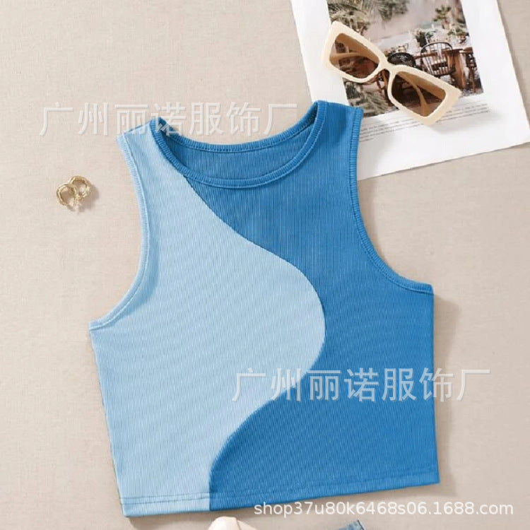 European and American New Ladies Thread Knit Colorblock Sleeveless Sexy T-Shirt