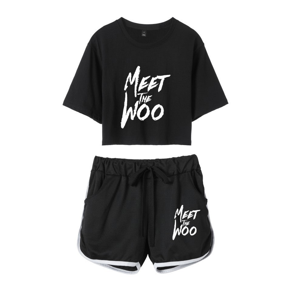 Fashion rapper series around dance cropped navel short-sleeved shorts women's suit T-shirt