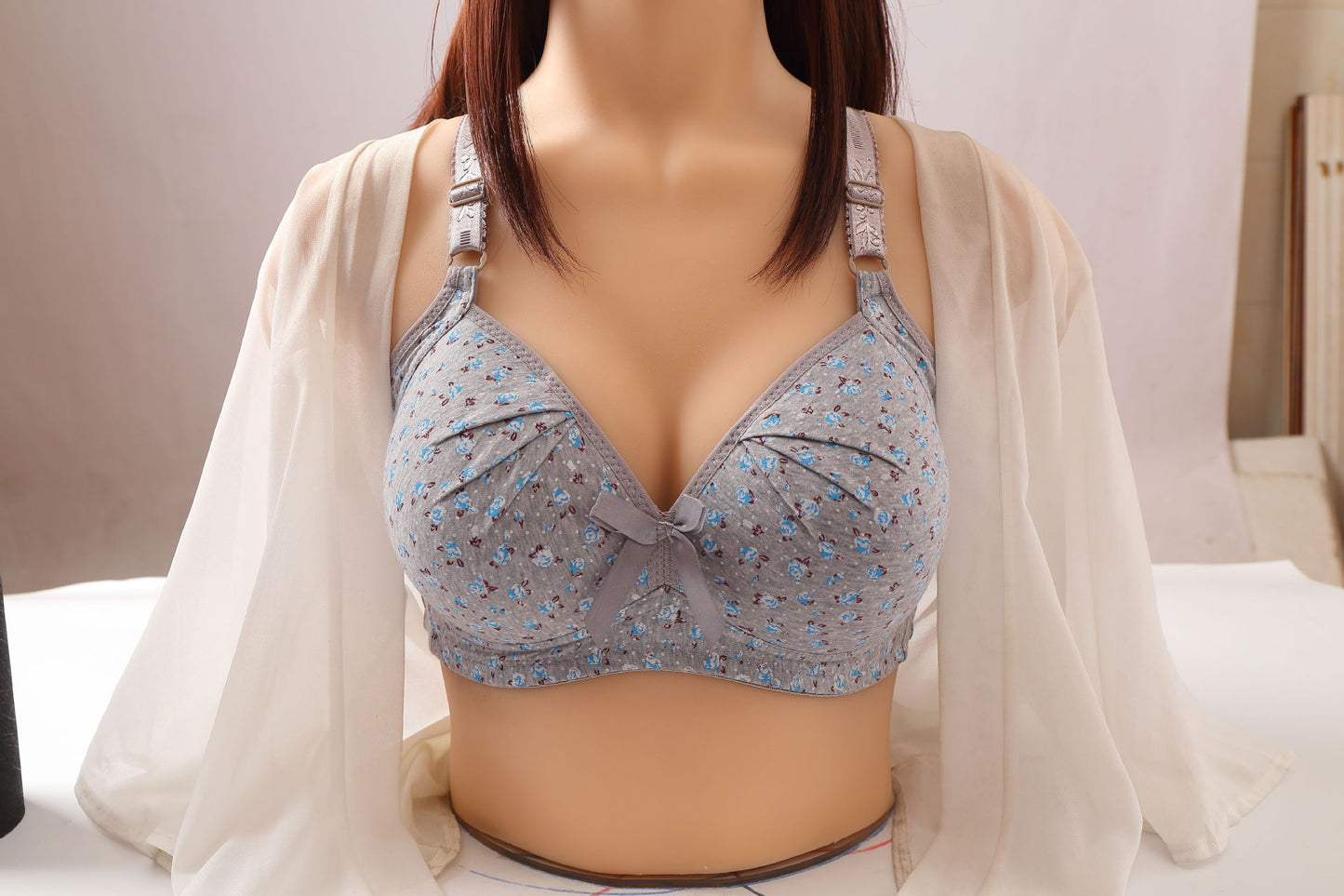 Pure cotton printing bra without steel ring gather non-magnetic plus size mother underwear