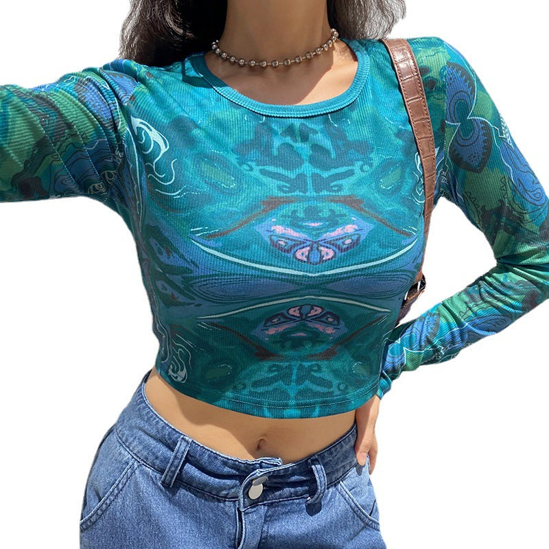 European and American street retro symmetrical print ribbed top