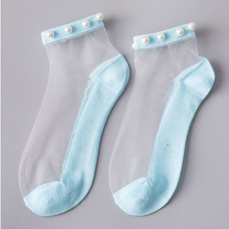 Pearl transparent glass silk women's socks thin Korean cotton socks card silk boat socks vibrato stall