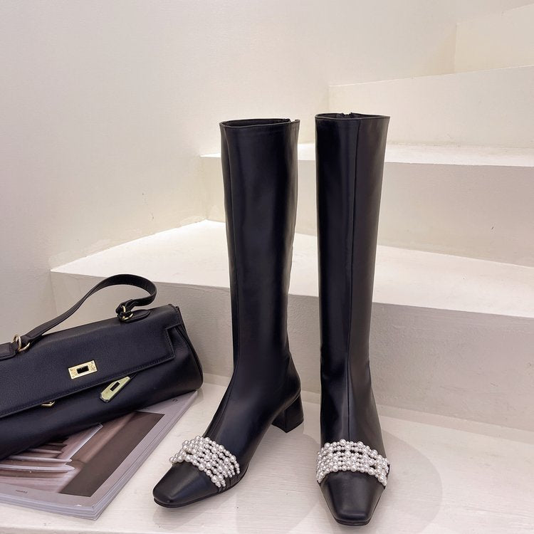 Rhinestone square head thick heel middle heel rear zipper high tube chimney long boots all-match long tube knight boots