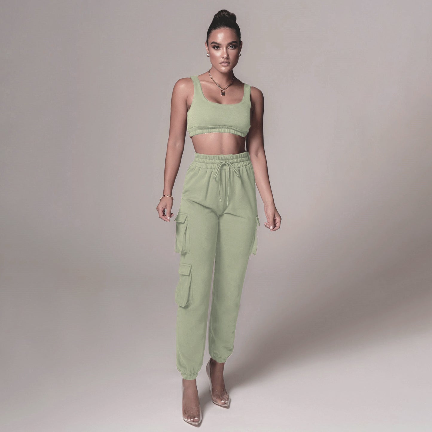 European and American women's fashion casual solid color two-piece suit with pockets and lace-up trousers sweatpants vest