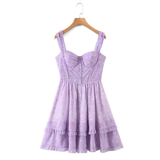 European and American style spring women's new purple holiday print suspender dress