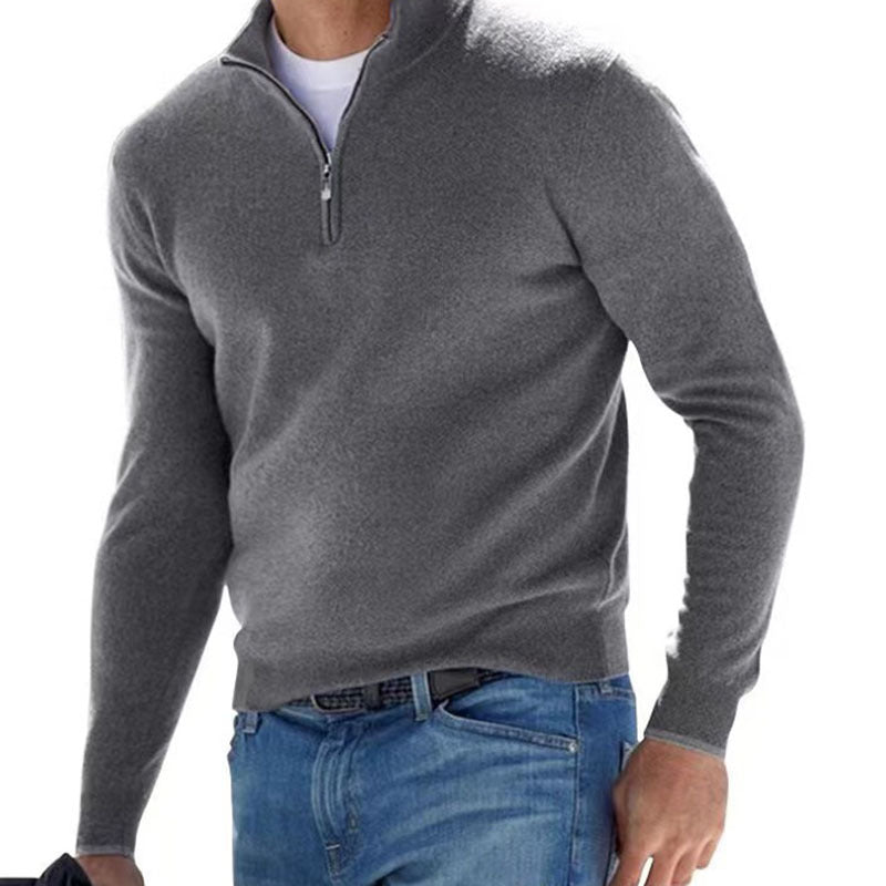 European and American long-sleeved V-neck cashmere zipper men's casual top polo shirt