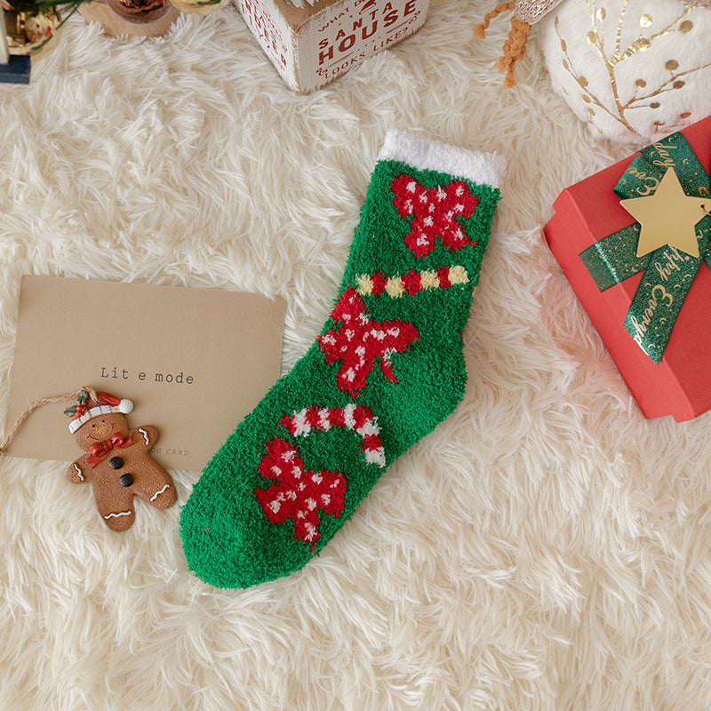 Cartoon deer medium tube Christmas socks cute gingerbread man thickened coral fleece wild warm sleep socks