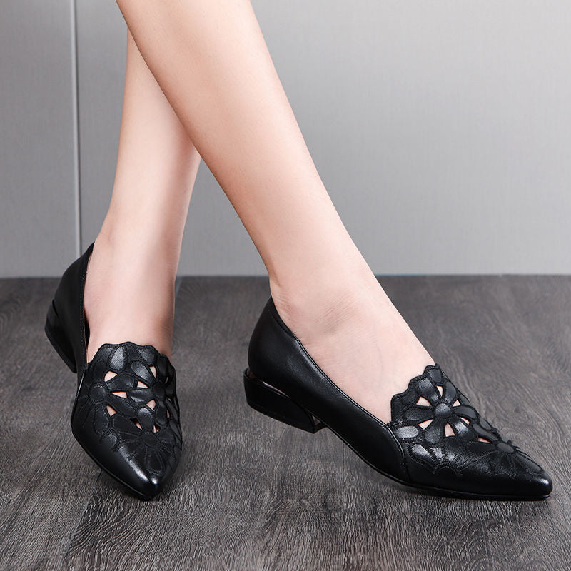 Soft leather soft surface hollow embroidered shoes women's new low-heeled women's shoes breathable work women's sandals