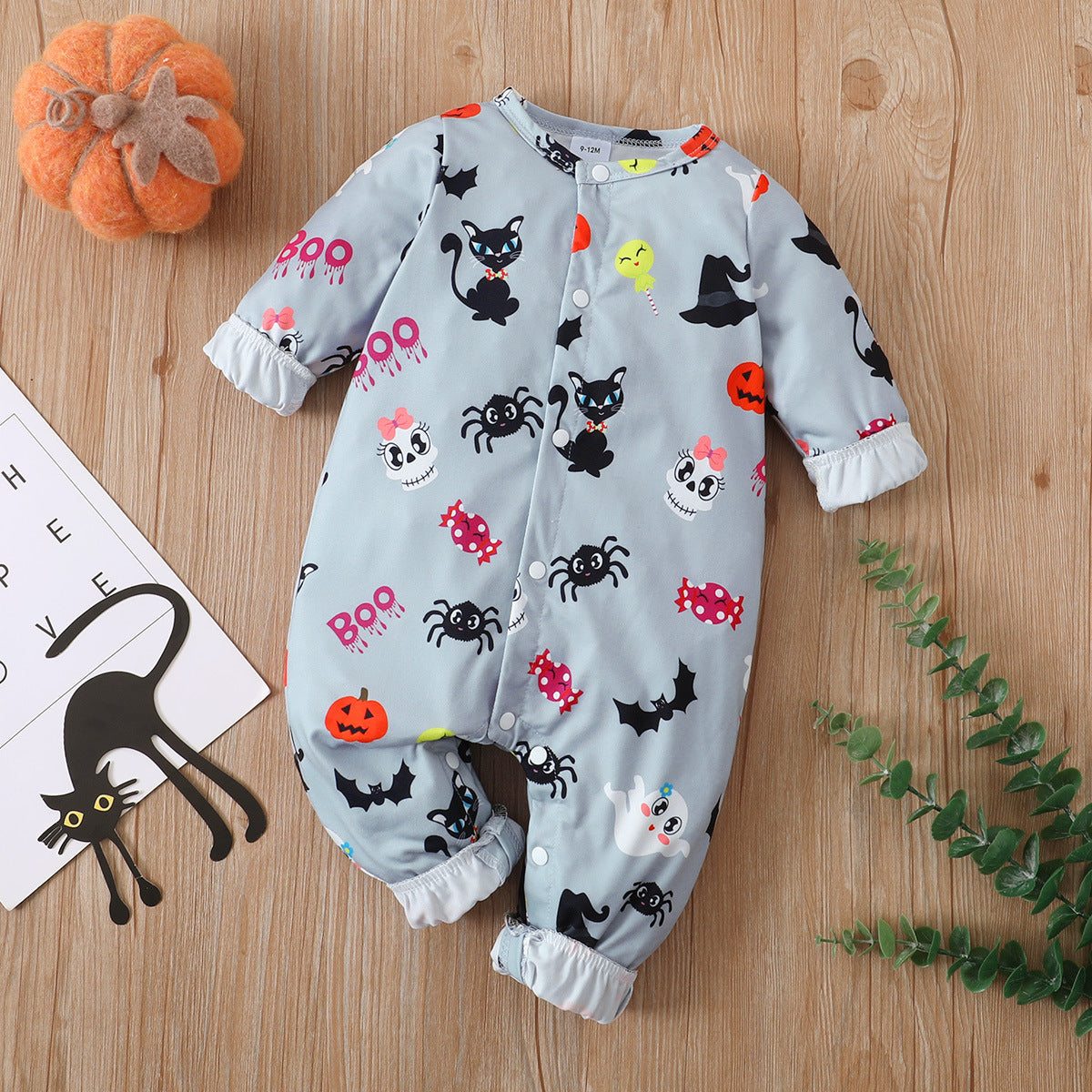 Baby Halloween cat monster cartoon print candy alphabet long-sleeved romper jumpsuit