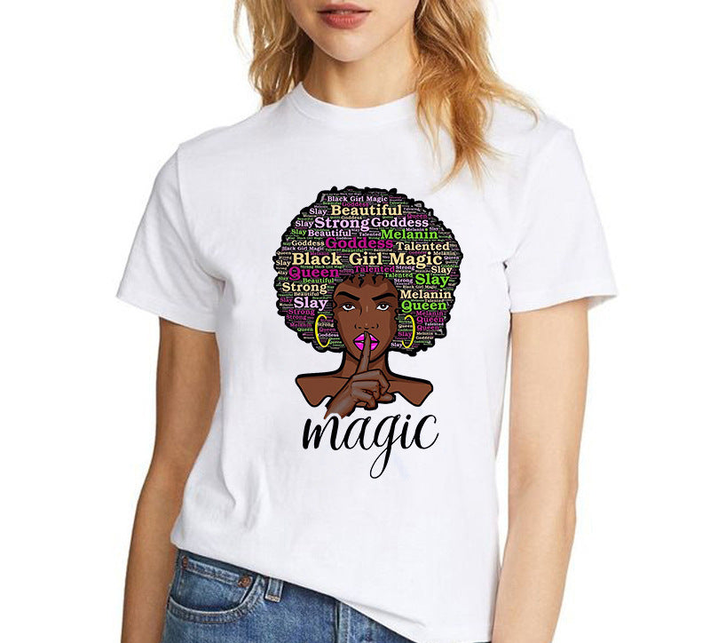 European and American Casual Cartoon Feminism Cartoon African Girl Printed Ladies T-shirt