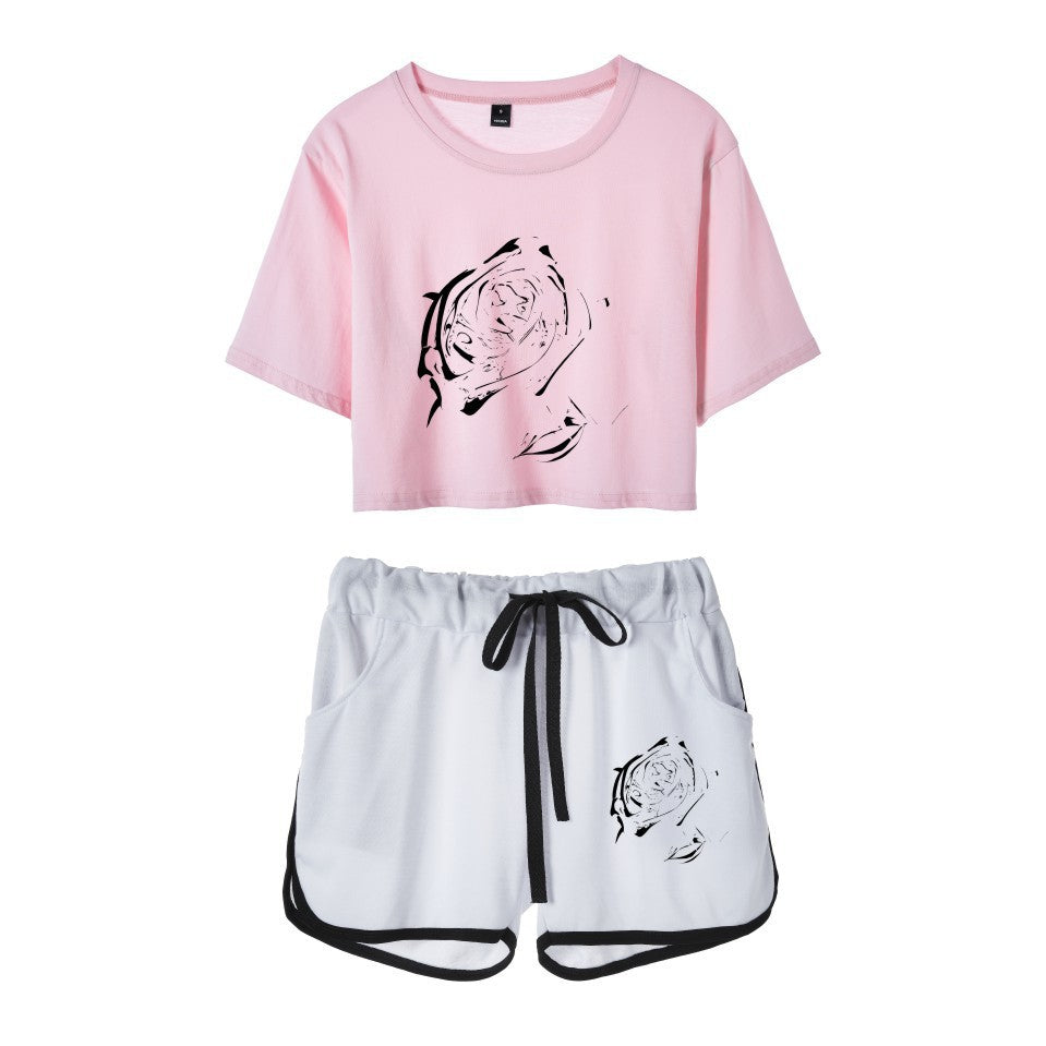 Fashion rapper series around dance cropped navel short-sleeved shorts women's suit T-shirt