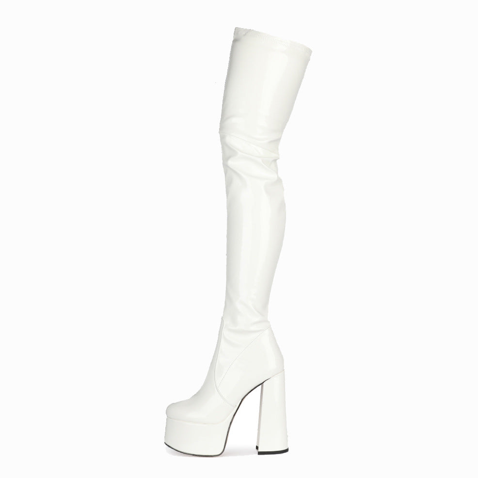 Fashion new style thick-heeled patent leather round-toe high-heeled white over-the-knee boots women's boots