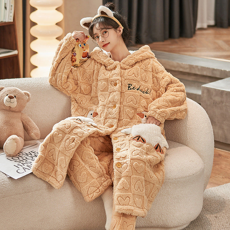 New winter jacquard coral fleece pajamas for ladies plus velvet thickening warm casual loose home clothes robe pants