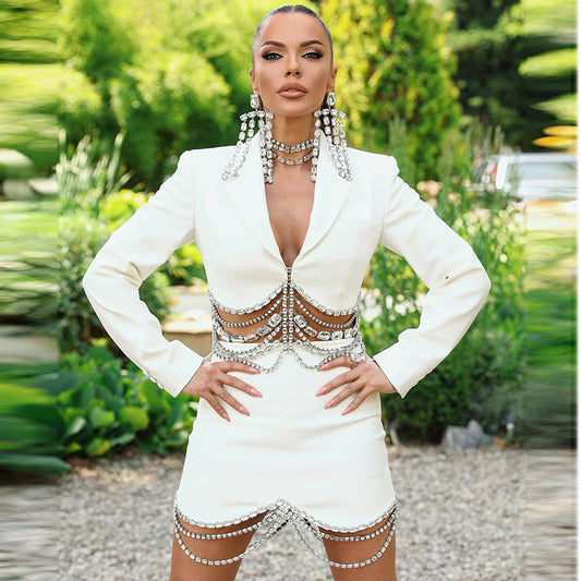 European and American rhinestone chain beaded tassel short suit + skirt suit two-piece suit