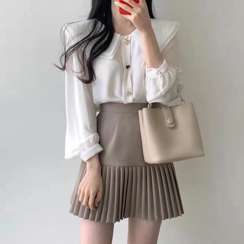 Chiffon shirt suit female temperament two-piece design double-layer doll collar top half-length pleated skirt