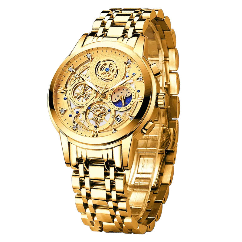 Popular watch men's stainless steel multi-function quartz watch non-mechanical watch watch hollow carved men's watch