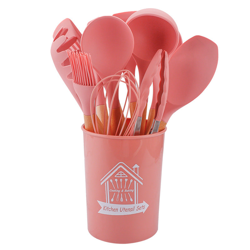 Storage barreled wooden handle silicone kitchen utensils 11 sets of silicone kitchen utensils set non-stick pot spatula spoon set