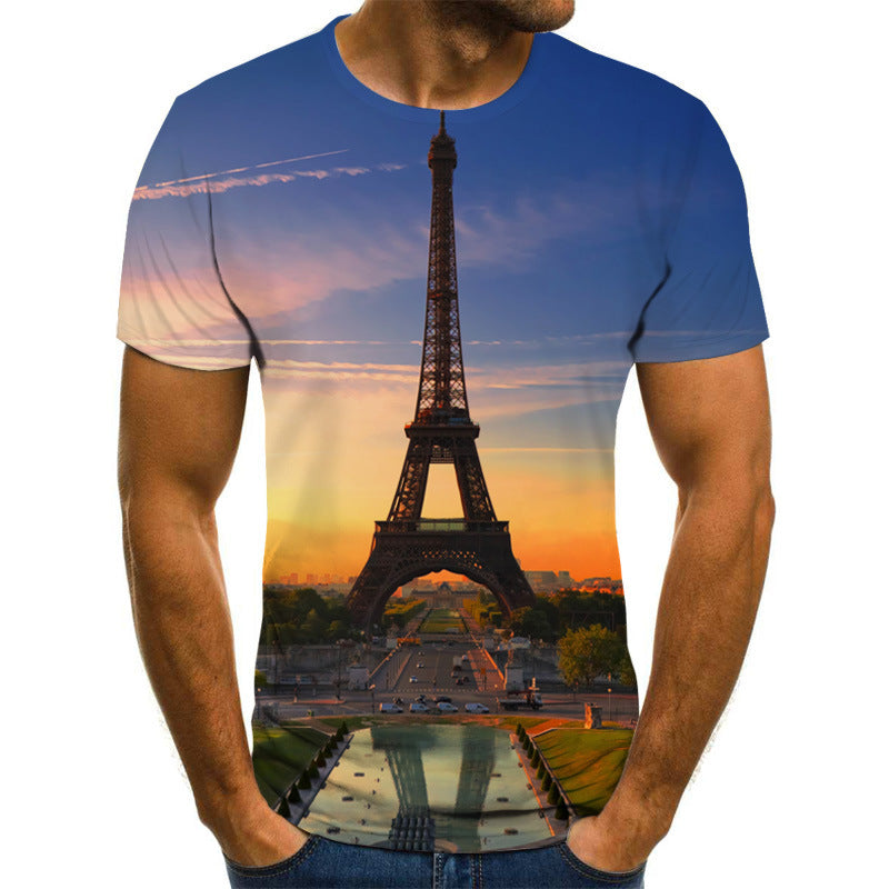 European and American cross-border new couple printing T-shirts, beautiful scenery 3D digital printing men's short sleeves