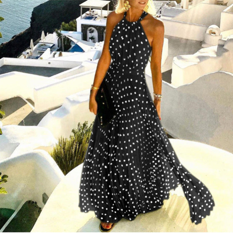 European and American style round neck sleeveless printed pleated dress women's dress long skirt