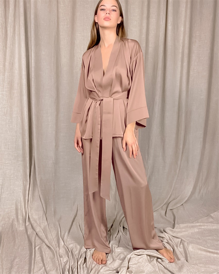 Satin long-sleeved cardigan lace-up nightgown suit women home loose trousers nightgown