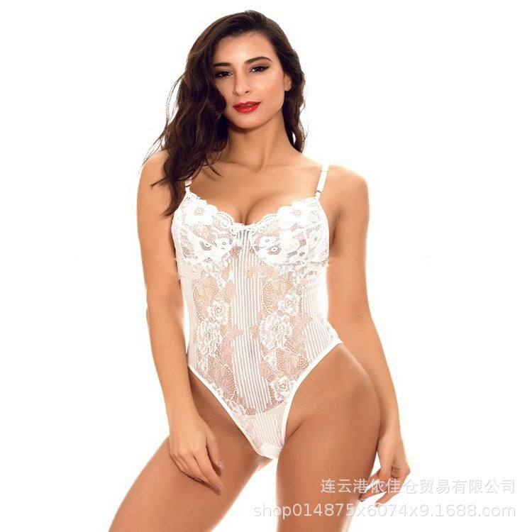 Trade erotic lingerie hollow body tight one-piece sexy backless temptation lace perspective halter pajamas